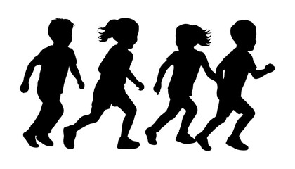 Kids running silhouettes, children in silhouette running side by side, children playing and activity