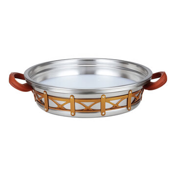 Round Stainless Steel Serving Dish with Copper Accents and Wooden Handles