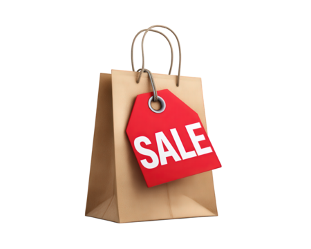 Brown paper shopping bag with red sale tag isolated on transparency background retail concept discount promotion shopping eco friendly packaging commercial offer cheerful mood