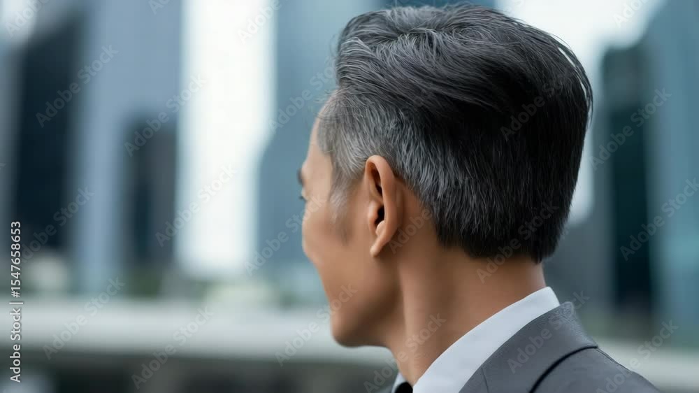 Poster a man in a suit is standing in front of a building with a city skyline in the background