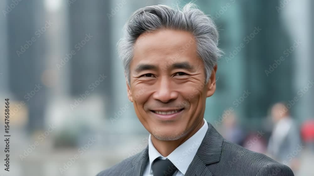 Poster a man with a gray beard and a white mustache is smiling in front of a building. he is wearing a suit