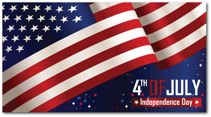 Independence Day USA banner, flyer, greeting card, the 4th of July, waving American flags, a rich blue background, with stars, sparkles, and patriotic elements. Vector illustration style postcard  © Color Studio