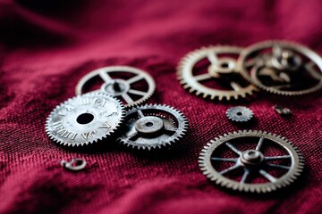 Broken Clock Gears Scattered Loose, aged clock gears lying on velvet cloth, symbolic and rich in texture.