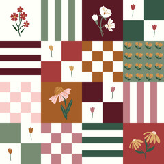 Seamless pattern grid and collage concept with flowers, stripes and checks. Background for fabric, wallpaper, textile, stationery, banners etc. 