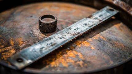 Rusty Metal Surface with Measurement Ruler and Circular Object