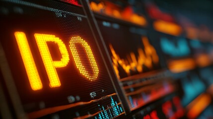 Close-up of golden stock market ticker displaying IPO with financial charts, symbolizing investment opportunities and capital market growth. Financial business and trading concept.