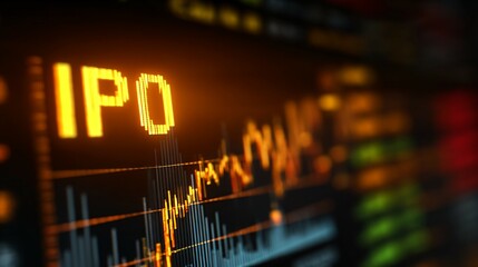 Close-up of golden stock market ticker displaying IPO with financial charts, symbolizing investment opportunities and capital market growth. Financial business and trading concept.