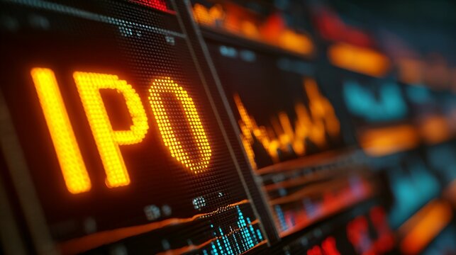 Close-up of golden stock market ticker displaying IPO with financial charts, symbolizing investment opportunities and capital market growth. Financial business and trading concept. - Powered by Adobe