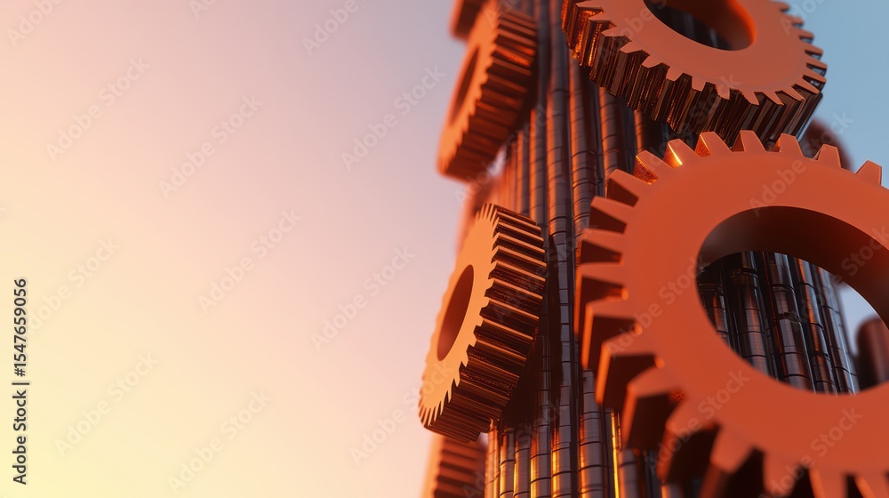 Poster innovative conceptual design of exaggerated gear structures against a soft gradient background while