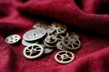 Broken Clock Gears Scattered Loose, aged clock gears lying on velvet cloth, symbolic and rich in texture.