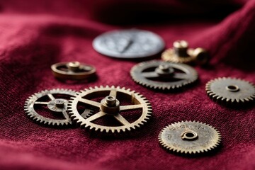 Broken Clock Gears Scattered Loose, aged clock gears lying on velvet cloth, symbolic and rich in texture.