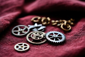 Broken Clock Gears Scattered Loose, aged clock gears lying on velvet cloth, symbolic and rich in texture.