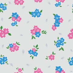 Seamless floral pattern with pink and yellow cherry blossoms on navy blue background for elegant textile and surface design