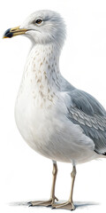 Obraz premium Close-up profile of a ring-billed gull, standing, white and gray plumage, isolated on white background