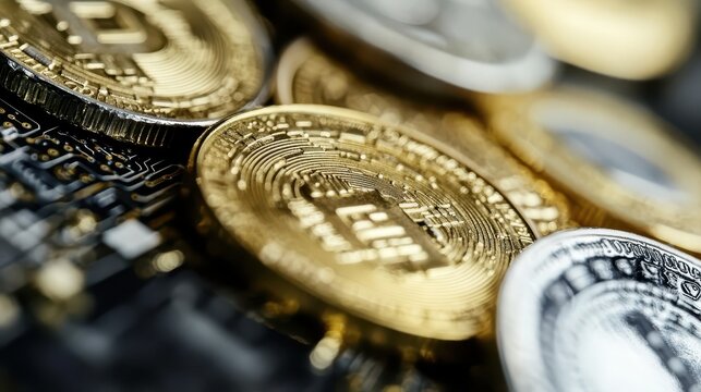 Close-Up View of Cryptocurrency Coins on Circuit Board Background
