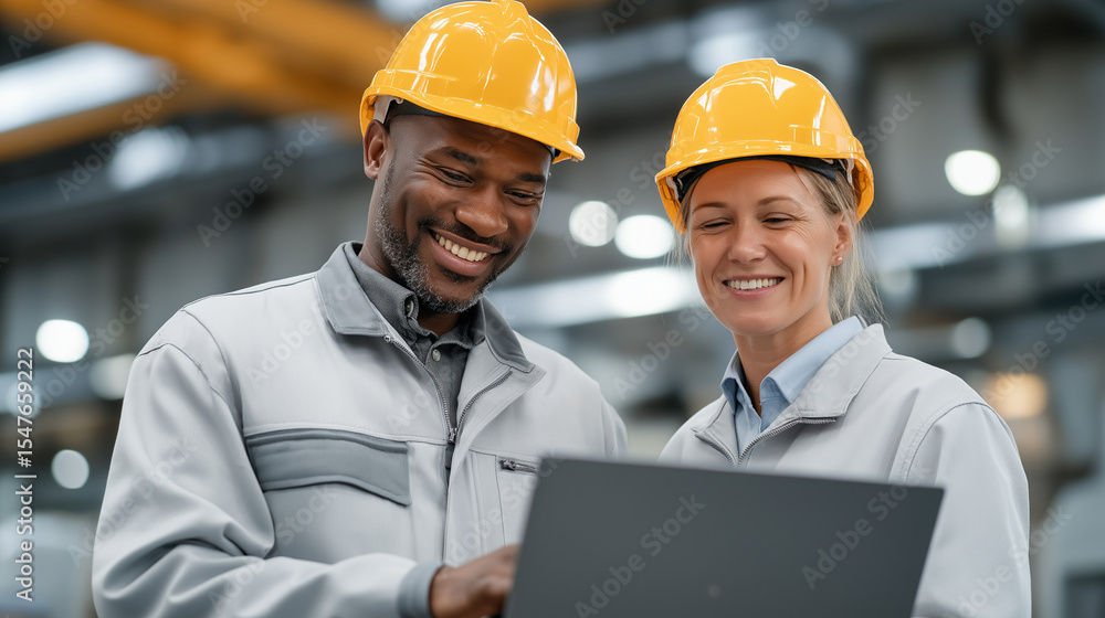 Aufkleber engineers collaborating on industrial projects in a factory setting