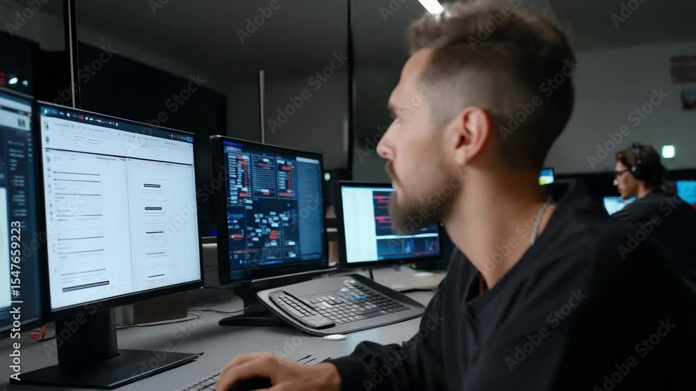 Poster a man is sitting in front of a computer with a beard and a serious look on his face