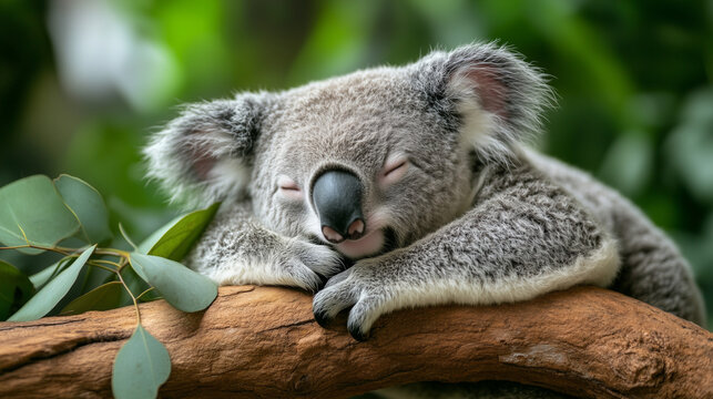 Cute Koala Sleeping Peacefully on Eucalyptus Tree Branch

 - Powered by Adobe