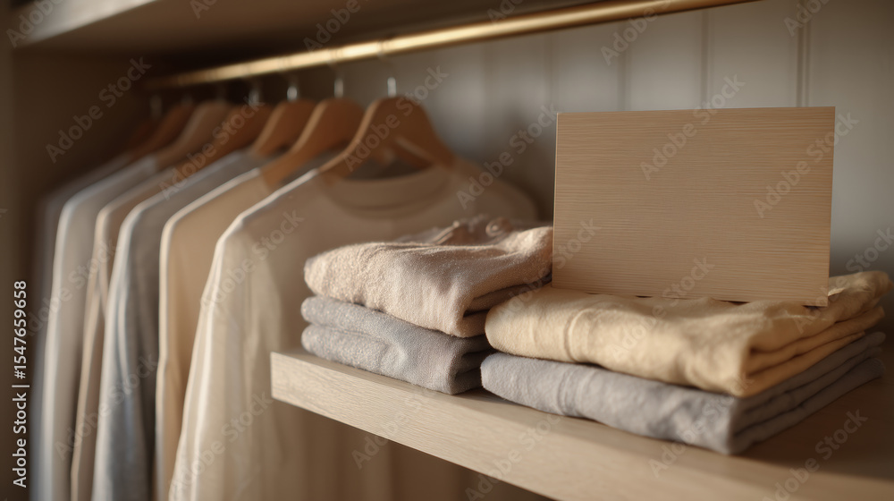 Poster clothes are neatly organized in a closet, featuring a tidy arrangement of stacked items and hanging 