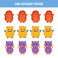 Find different monster each row. Logical game for kids. Cartoon monster. Flat illustration. Vector

