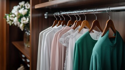 Obraz premium A minimalist closet with clothes on wooden hangers, featuring casual wear and coats