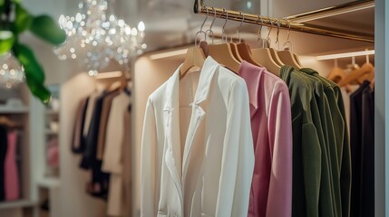 A minimalist closet with clothes on wooden hangers, featuring casual wear and coats