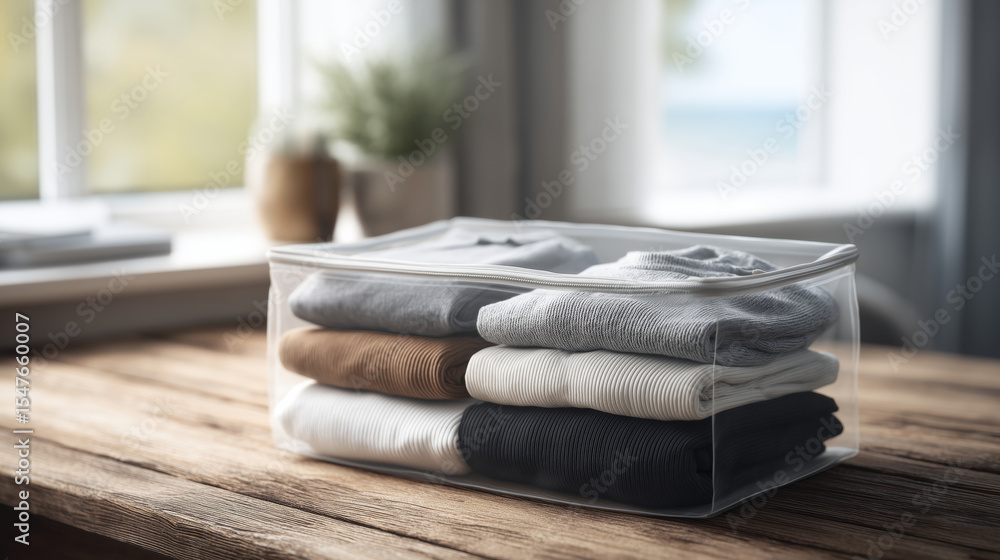 Poster a clear storage container displays neatly folded clothing in neutral colors. the organized arrangeme