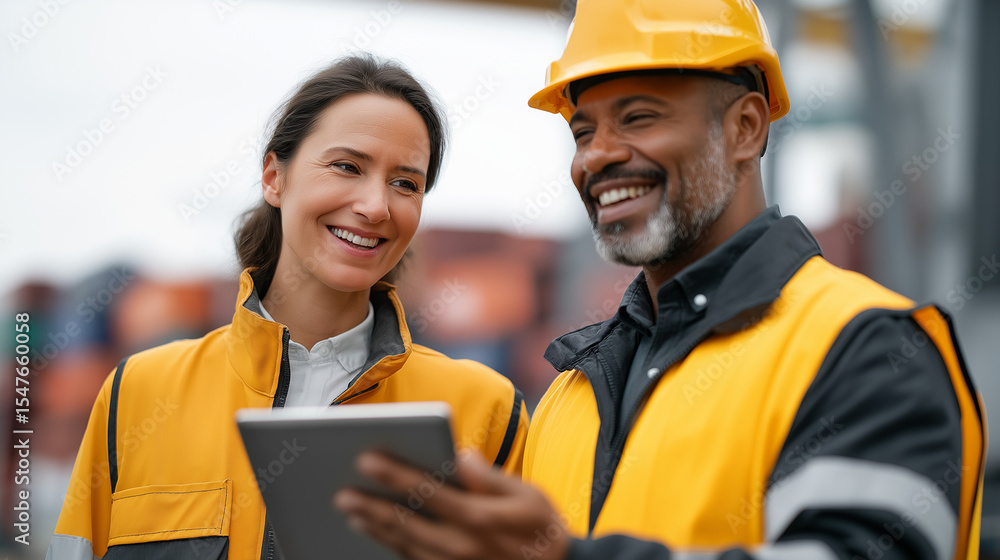 Poster collaboration in logistics between engineer and supervisor at terminal