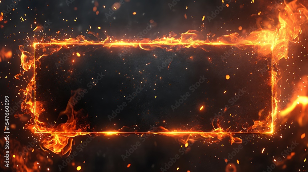 Poster fiery rectangle frame burning with intense heat against dark backdrop with floating sparks illustrat