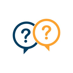 This vector illustration features two overlapping speech bubbles, each containing a prominent question mark. One bubble is a deep blue, while the other is a vibrant orange, creating a visually engagin