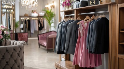 A minimalist closet with clothes on wooden hangers, featuring casual wear and coats