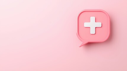 Obraz premium Pink speech bubble with white plus sign on pastel pink background for communication and healthcare concepts