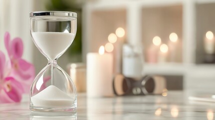 A luxurious, crystal-clear hourglass with sand flowing smoothly from the top bulb to the bottom