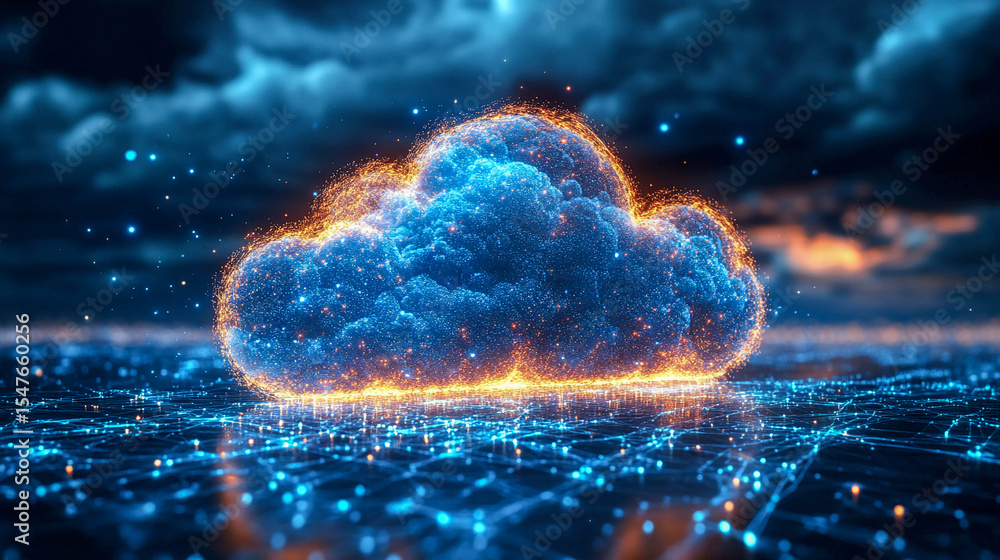 Poster a futuristic cloud made in the form of digital 3d graphics. a cloud consists of many tiny dots and l