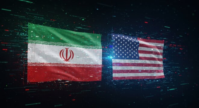 The national flags of Iran and the USA floating in a digital space with data streams, representing the high-tech cold war, cyber security threats, and political tensions.