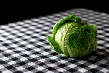 Cabbage on Checkerboard Table A fresh cabbage head centered on a black and white checkered tablecloth under harsh light.