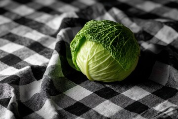 Cabbage on Checkerboard Table A fresh cabbage head centered on a black and white checkered tablecloth under harsh light.