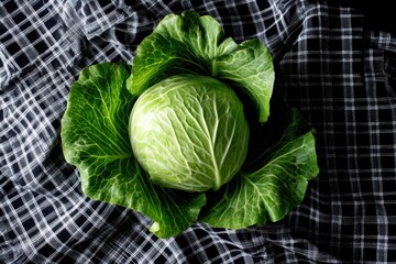Cabbage on Checkerboard Table A fresh cabbage head centered on a black and white checkered tablecloth under harsh light.