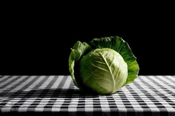 Cabbage on Checkerboard Table A fresh cabbage head centered on a black and white checkered tablecloth under harsh light.