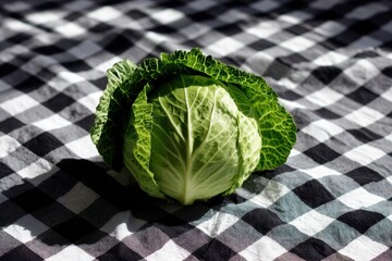 Cabbage on Checkerboard Table A fresh cabbage head centered on a black and white checkered tablecloth under harsh light.