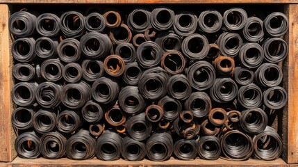 Collection of Circular Metal Springs Arranged in Wooden Box