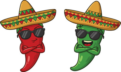 Funny red and green chili cartoon characters with sombrero hats and sunglasses, spicy Mexican peppers illustration, cool vegetable mascots, fiesta theme