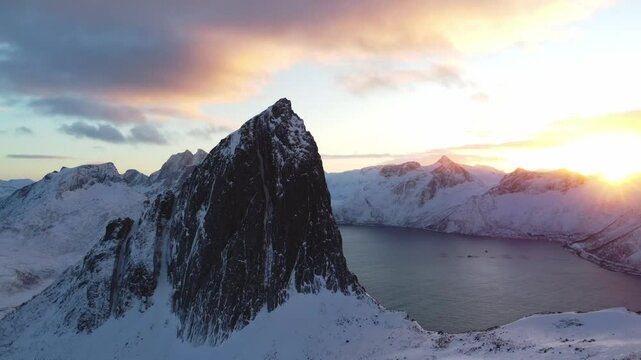 Breathtaking sunset view from Mount Segla on the Senja Peninsula in Northern Norway. A winter scene during the polar night