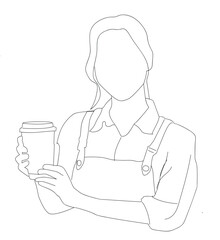 line art Handsome women man wearing  apron. Barista holding coffee cup,