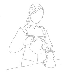 continuous line female barista. female barista making coffee