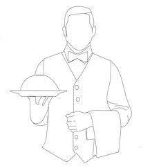 Restaurant bar and cafe worker concept continuous line art. male waiter holding a tray