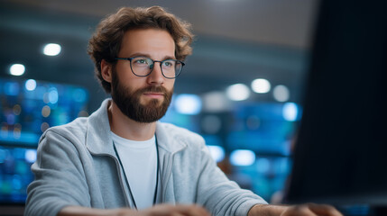 Professional IT Specialist in Control Room with Digital Screens