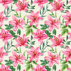 Seamless Watercolor Floral Pattern of Pink Lilies and Lush Green Botanical Foliage on White Background