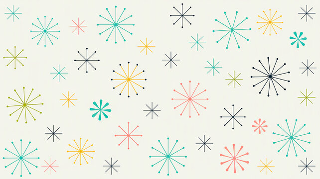A mid-century modern pattern design featuring retro atomic starbursts scattered across a light cream-colored background