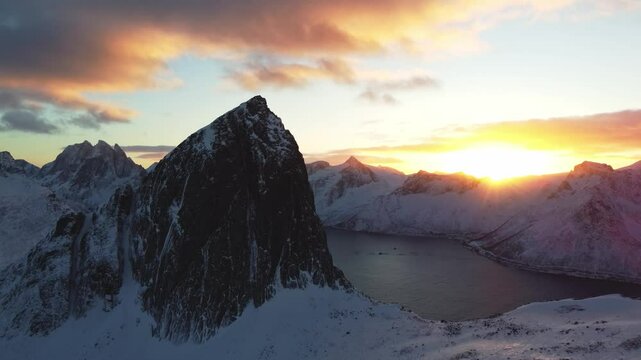 Breathtaking sunset view from Mount Segla on the Senja Peninsula in Northern Norway. A winter scene during the polar night